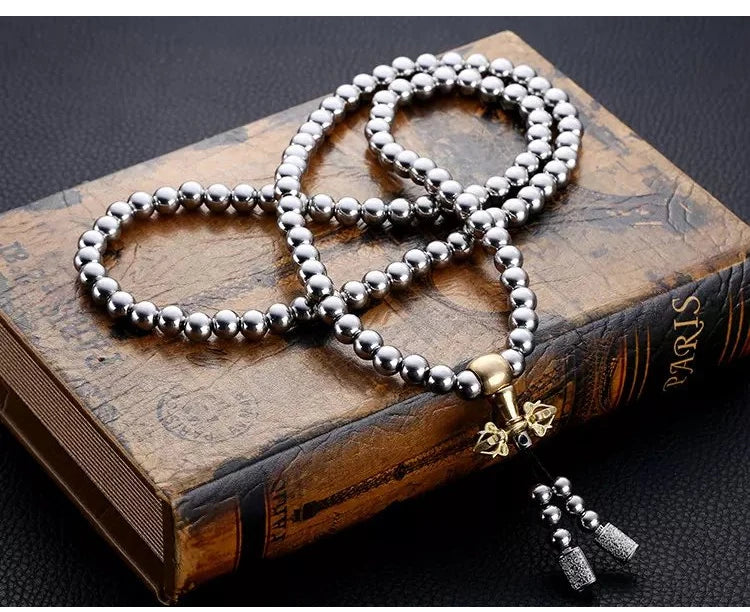 8mm Outdoor Self-defense Hand Bracelet Necklace Steel 118 Buddha Beads Metal Chain Accessories Self Protection Survival Tools