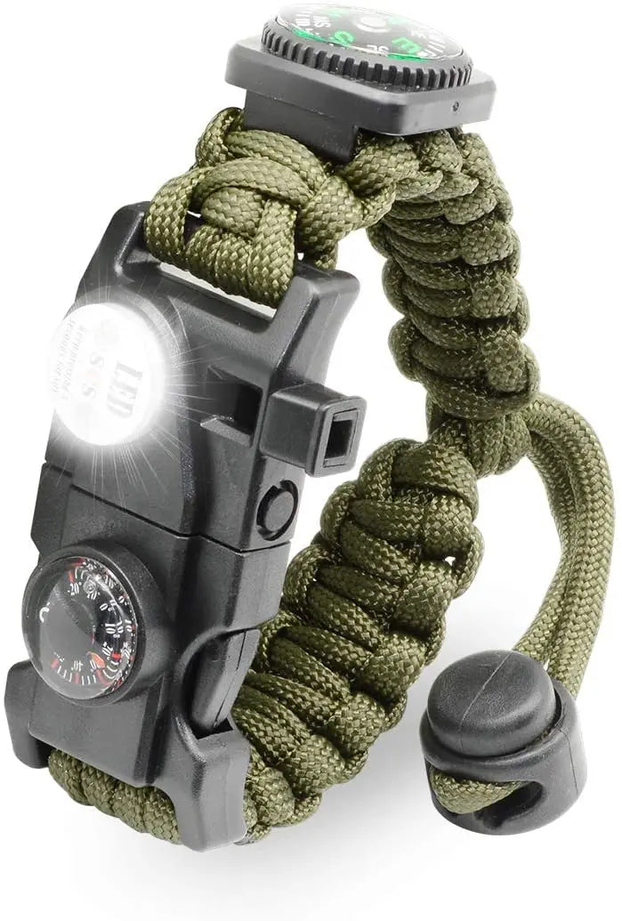 21 in 1 Adjustable Paracord Survival Bracelet, Tactical Emergency Gear Kit Includes SOS Flashlight Compass Thermometer Whistle