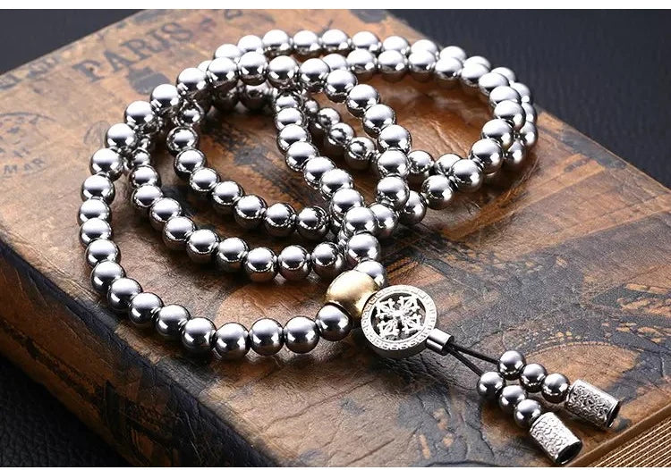 8mm Outdoor Self-defense Hand Bracelet Necklace Steel 118 Buddha Beads Metal Chain Accessories Self Protection Survival Tools