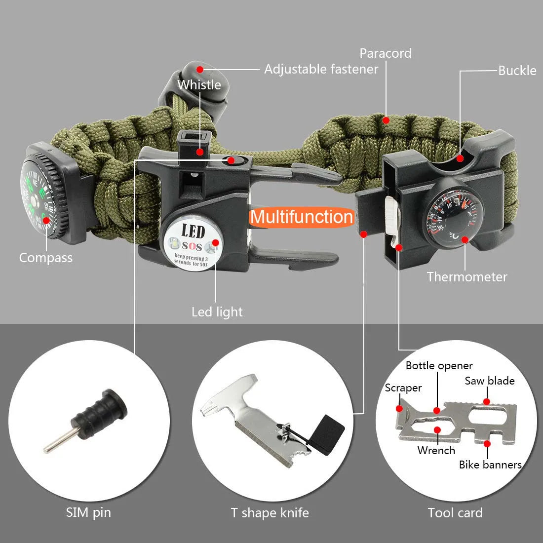 21 in 1 Adjustable Paracord Survival Bracelet, Tactical Emergency Gear Kit Includes SOS Flashlight Compass Thermometer Whistle