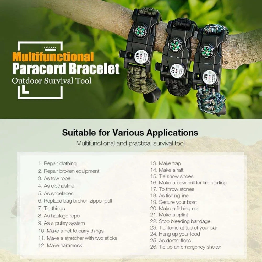 21 in 1 Adjustable Paracord Survival Bracelet, Tactical Emergency Gear Kit Includes SOS Flashlight Compass Thermometer Whistle