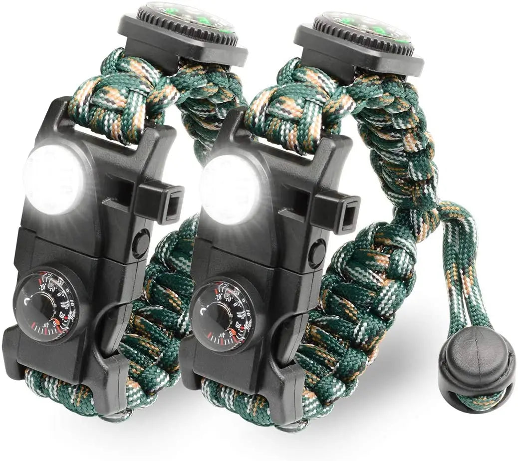 21 in 1 Adjustable Paracord Survival Bracelet, Tactical Emergency Gear Kit Includes SOS Flashlight Compass Thermometer Whistle