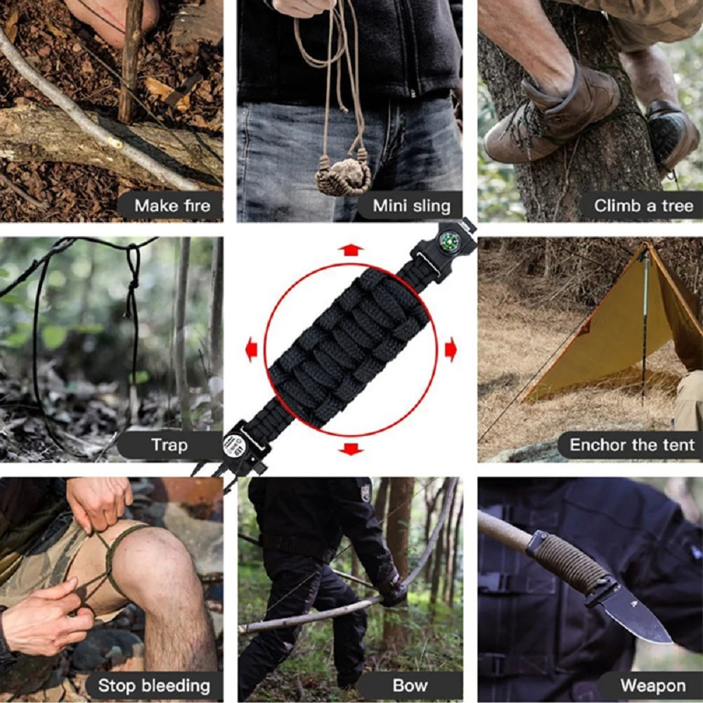 21 in 1 Adjustable Paracord Survival Bracelet, Tactical Emergency Gear Kit Includes SOS Flashlight Compass Thermometer Whistle