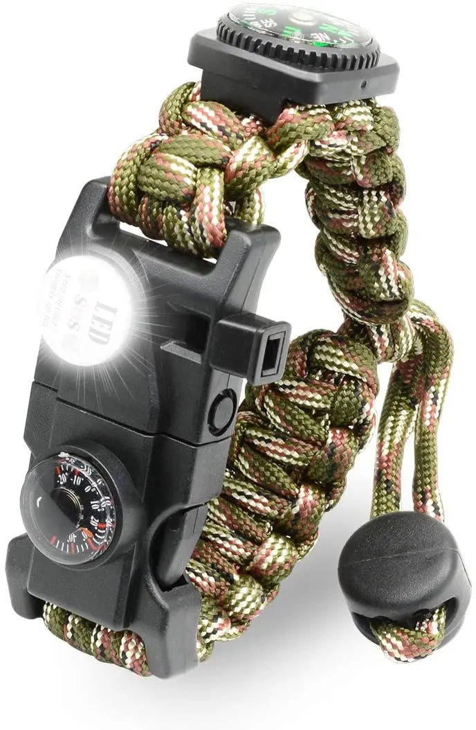 21 in 1 Adjustable Paracord Survival Bracelet, Tactical Emergency Gear Kit Includes SOS Flashlight Compass Thermometer Whistle