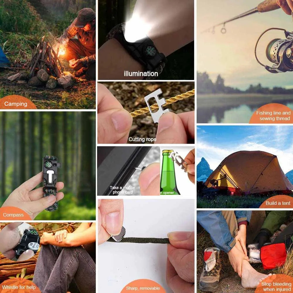 21 in 1 Adjustable Paracord Survival Bracelet, Tactical Emergency Gear Kit Includes SOS Flashlight Compass Thermometer Whistle