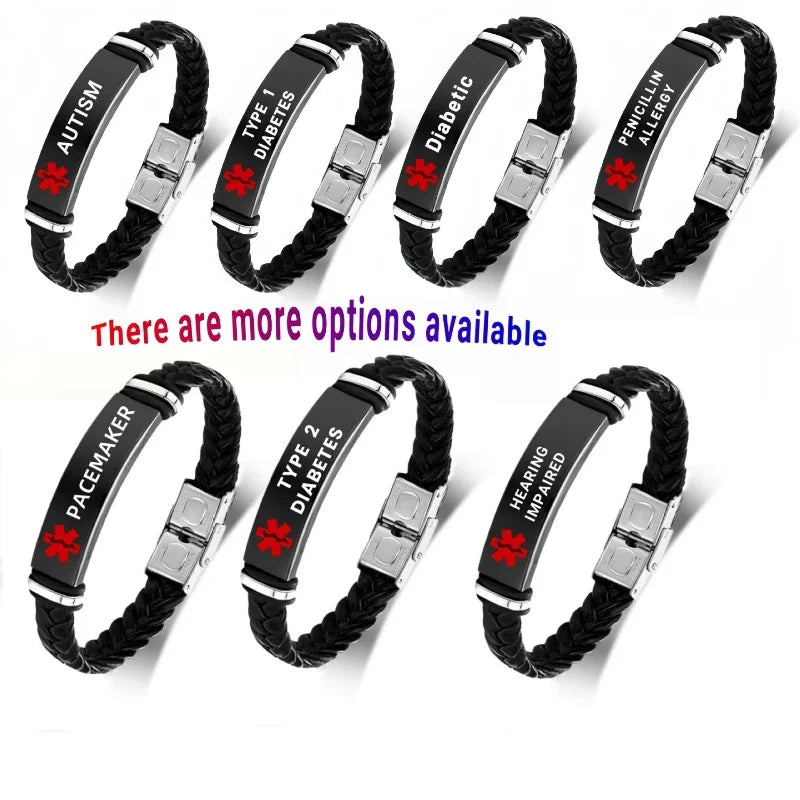 Medical Emergency Bracelet Warning Slogan Disease Care Special Stainless Steel Leather Strap Flexible and Non Destructive