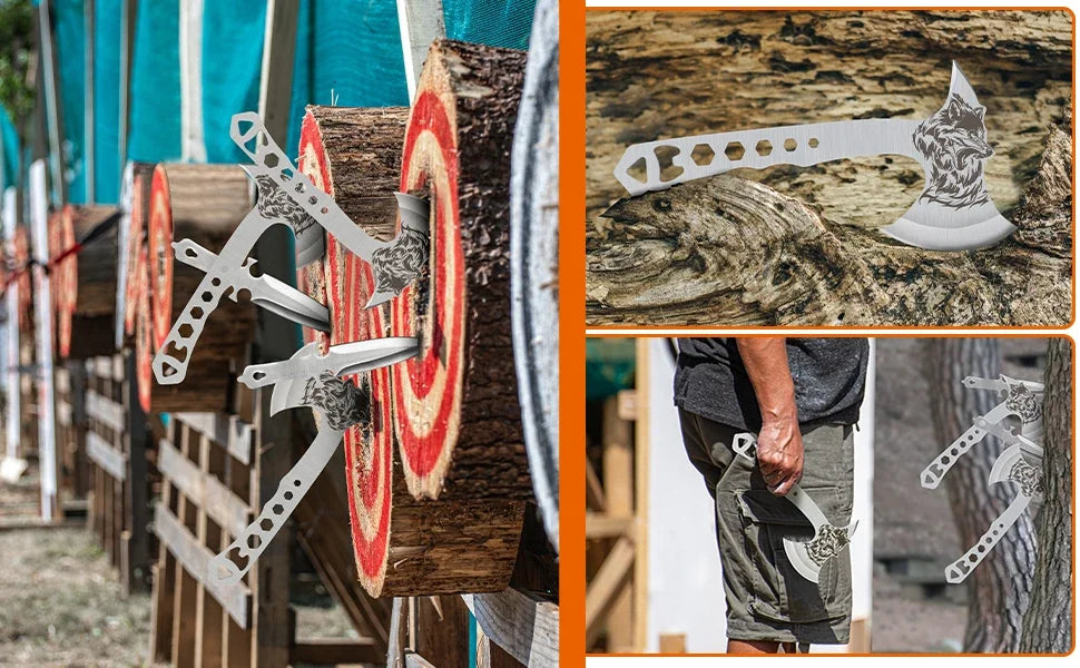 3-Pack Tactical Throwing Axe/Tomahawk w/Corkscrew & Nylon Sheath, 10.4'' Full Tang Stainless Steel - Camping/Survival Gear