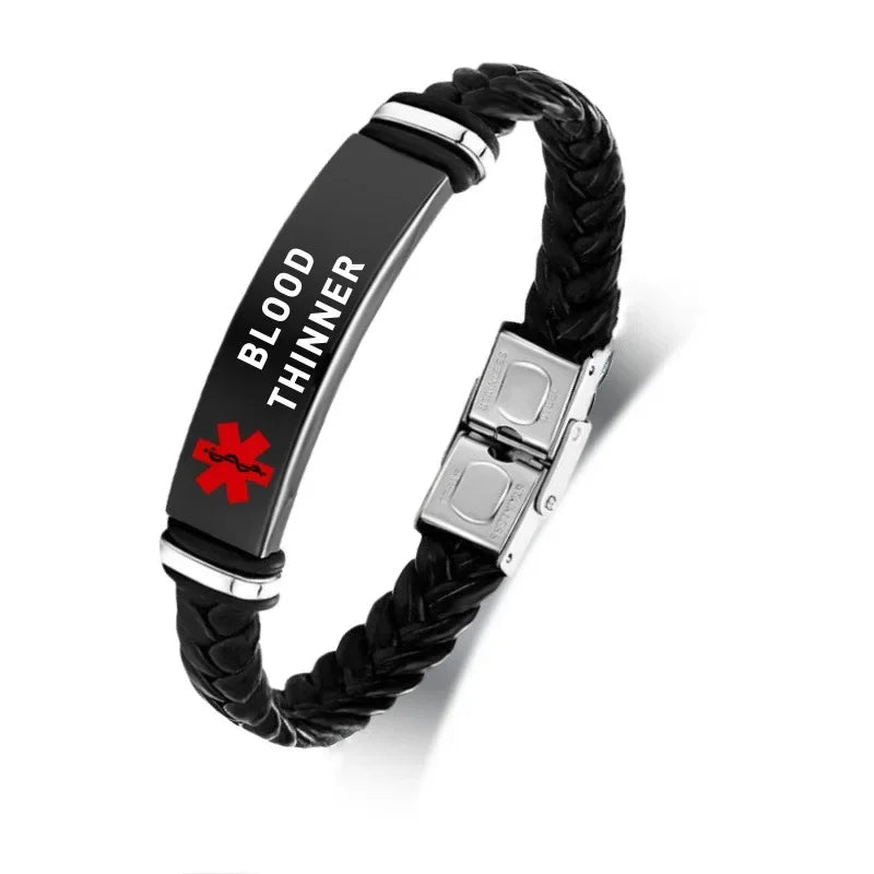 Medical Emergency Bracelet Warning Slogan Disease Care Special Stainless Steel Leather Strap Flexible and Non Destructive