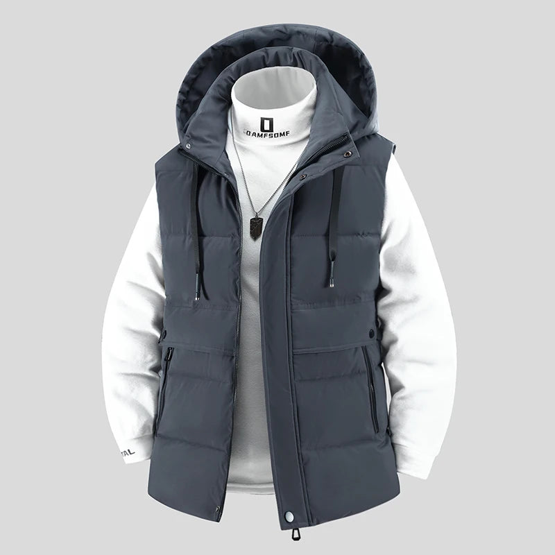 Outdoor Mens Trendy Detachable Hooded Vest Warm Down Cotton Vest Mens Winter Fashion Coat Workwear Vest Coat Thickened Waistcoat