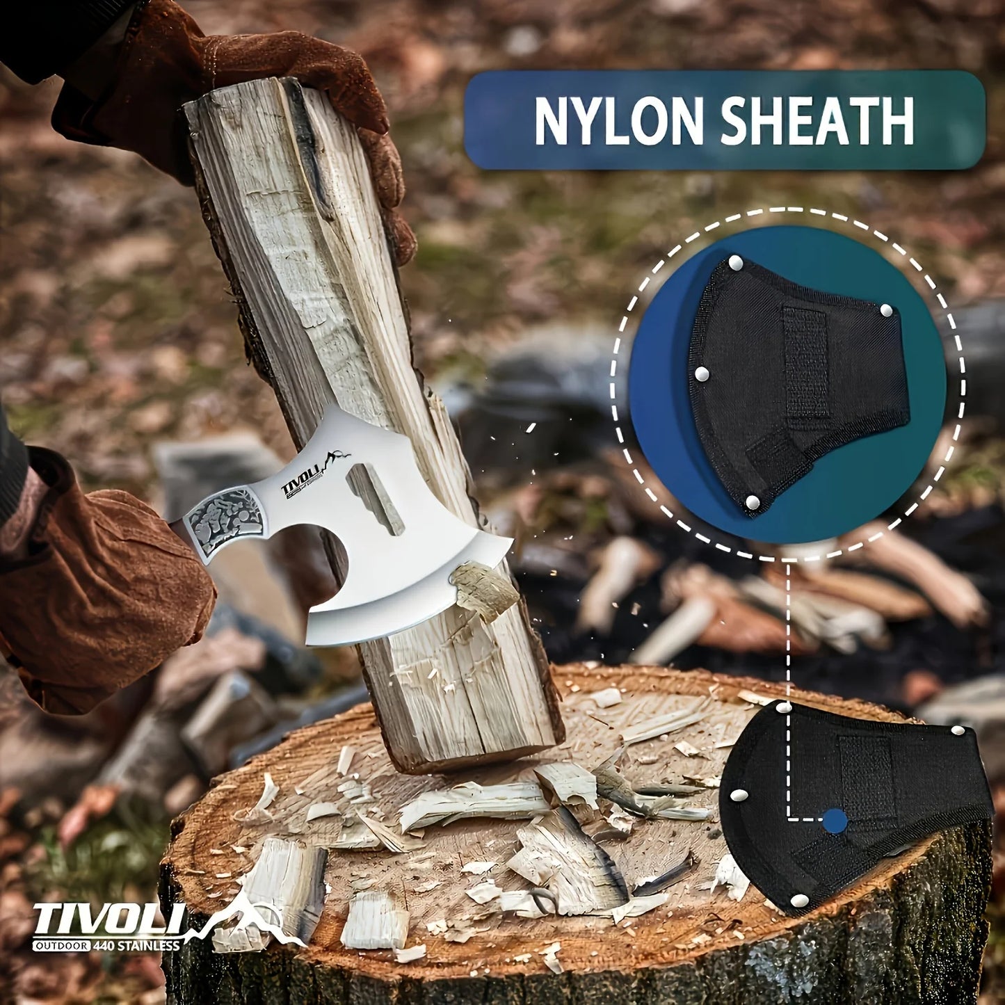 1 piece outdoor axe, solid wood handle with nylon scabbard axe, camping axe, portable survival axe with gift box, small camping