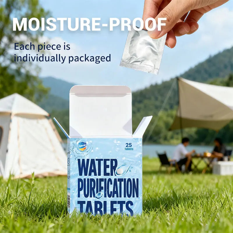 1 Box Water Purification Tablets, 25 Tablets Per Box Individual Packaged, Suitable for Outdoor Water Flow River Cleaning Purify