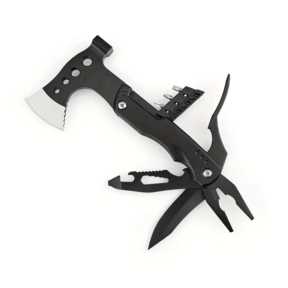 18 in 1 Multi-function Fishing, Camping Survival Gear with Axe Hammer Pliers Saw Screwdriver Bottle Opener Whistle Portable