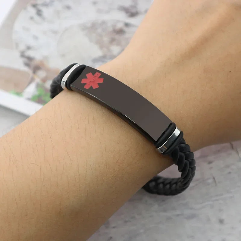 Medical Emergency Bracelet Warning Slogan Disease Care Special Stainless Steel Leather Strap Flexible and Non Destructive