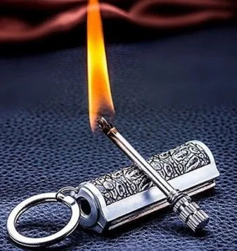 Flint Fire Starter Keychain - Metal Matchstick Lighter with Permanent Open Flame, No Oil Needed, Portable Keychain for Outdoor