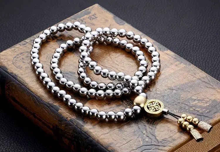 8mm Outdoor Self-defense Hand Bracelet Necklace Steel 118 Buddha Beads Metal Chain Accessories Self Protection Survival Tools