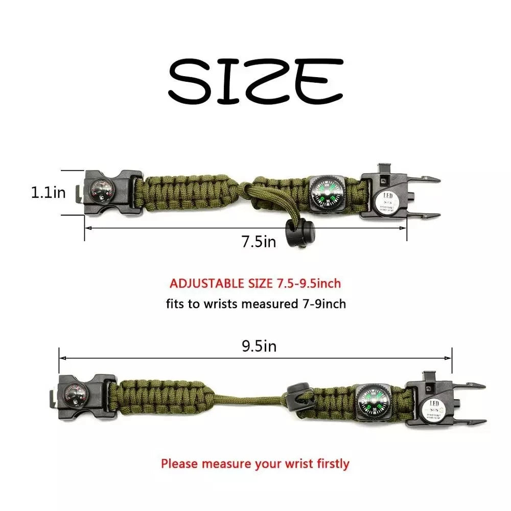 21 in 1 Adjustable Paracord Survival Bracelet, Tactical Emergency Gear Kit Includes SOS Flashlight Compass Thermometer Whistle