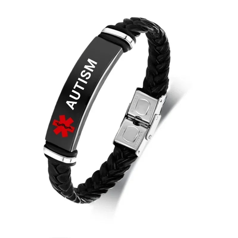 Medical Emergency Bracelet Warning Slogan Disease Care Special Stainless Steel Leather Strap Flexible and Non Destructive