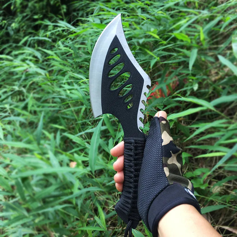 Portable Outdoor Jungle Camping Axe & Knife - Non-Slip Handle, Full Tang Stainless Steel Blade (58HRC) with Nylon Sheath, 27CM H