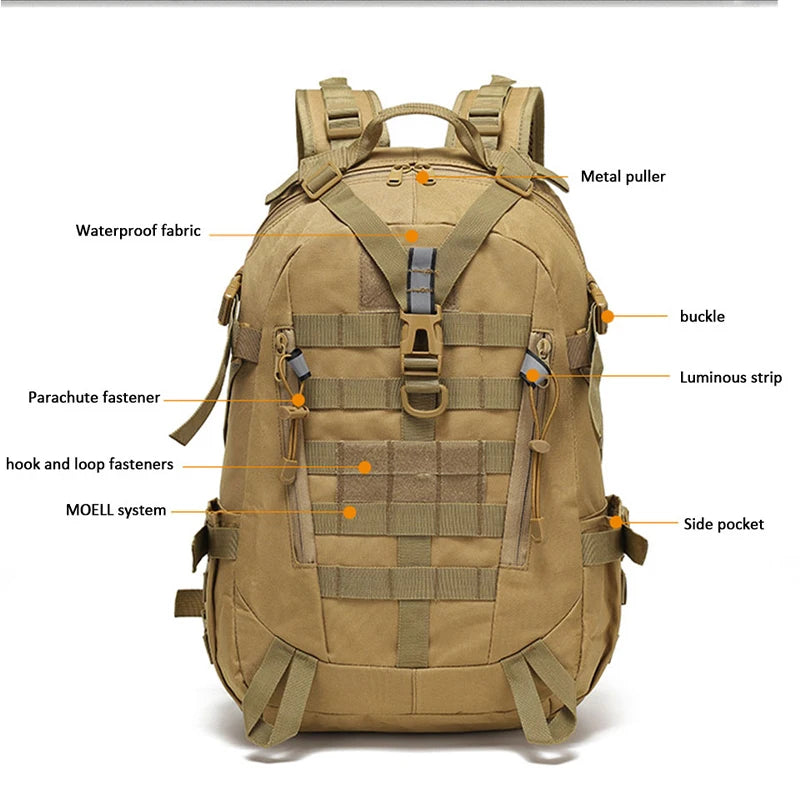 40L Camping Backpack Men's Bag Travel Riding Bags Knapsack Climbing Rucksack Hiking Outdoor Reflective Shoulder Fishing Bag