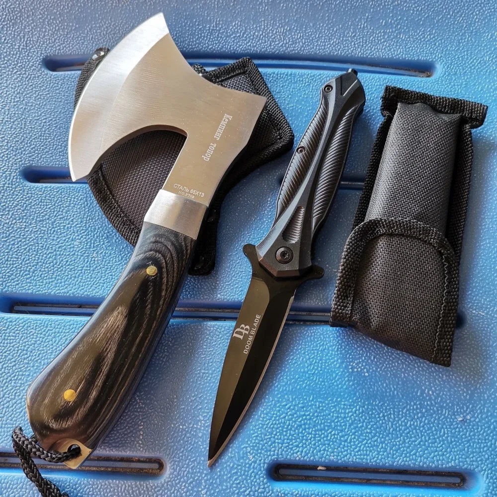 Stainless Steel Axe & Folding Knife Combo Set: High-Performance for Outdoor Adventures, Camping & Hiking