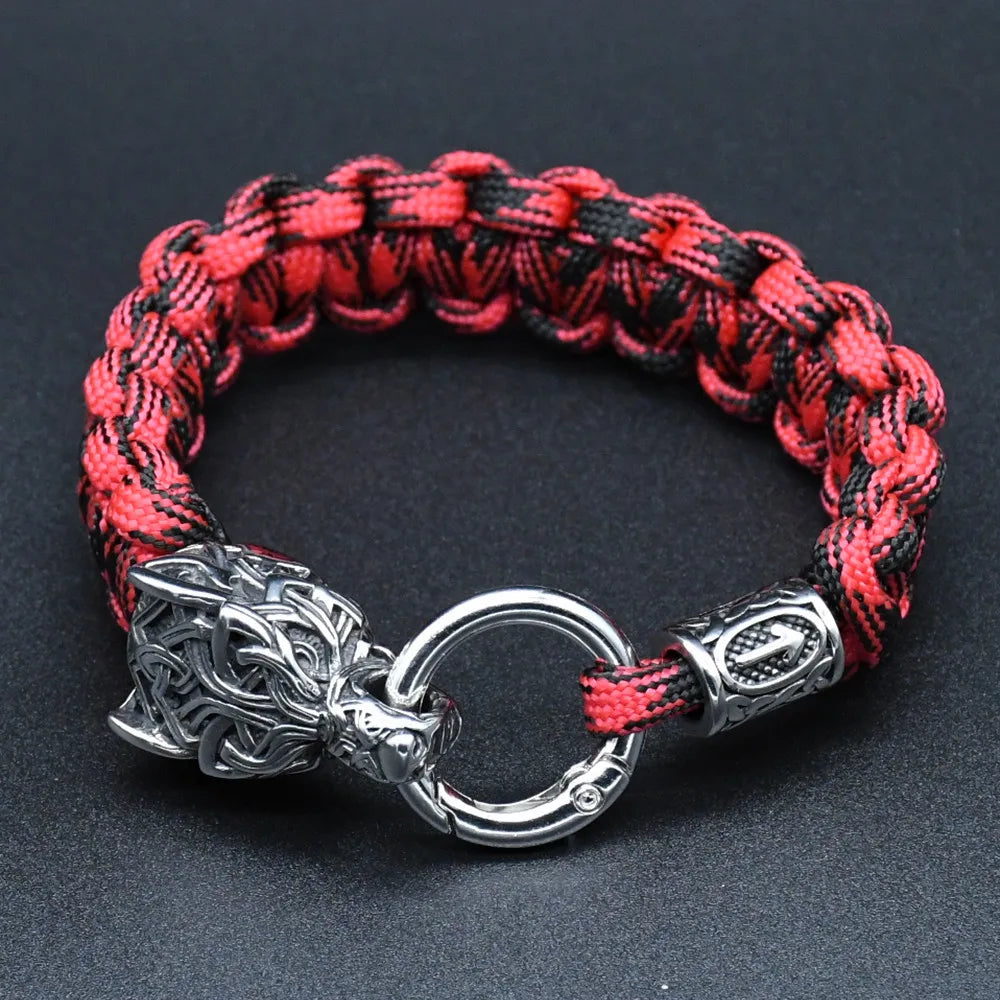 Stainless Steel Wolf Heads Bracelets Men Norse Vikings Runic Beads Survival Paracord Rope Bangles