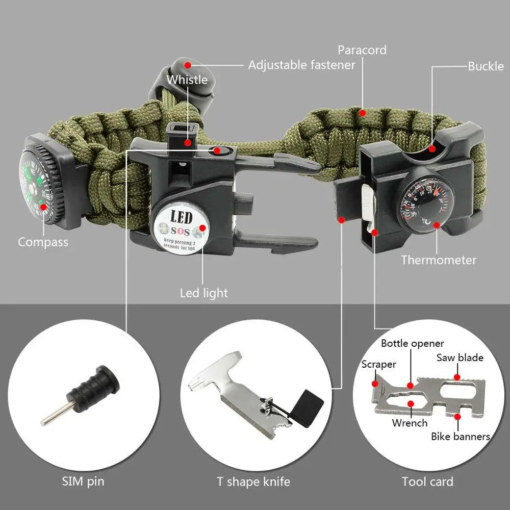 21 in 1 Adjustable Paracord Survival Bracelet, Tactical Emergency Gear Kit Includes SOS Flashlight Compass Thermometer Whistle