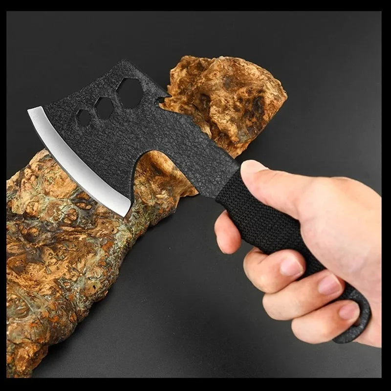 Black Carbon Steel AXE with Cutter sleeve,Sharp Butcher Knife. Bone Cutting and Meat Processin. Portable outdoor bbq axe knife