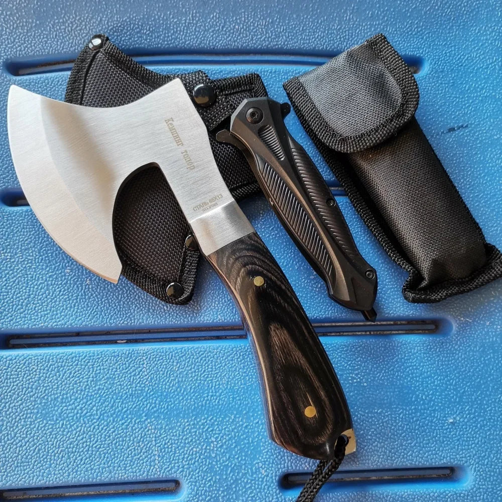 Stainless Steel Axe & Folding Knife Combo Set: High-Performance for Outdoor Adventures, Camping & Hiking