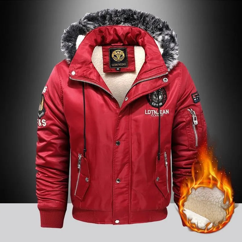 Winter Men's Black Padded Jacket Removable Hood Durable Windproof Fabric Embroidery Decorative Side Pockets Sleeve Zipper
