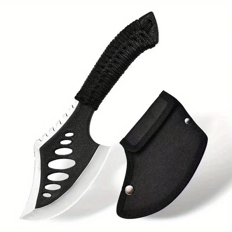 Black Carbon Steel AXE with Cutter sleeve,Sharp Butcher Knife. Bone Cutting and Meat Processin. Portable outdoor bbq axe knife