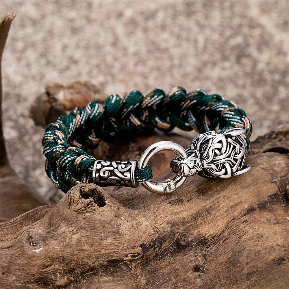 Punk Viking Wolf Head Metal Bangle Stainless Steel Norse Celtic Wolf Braided Paracord Rope Survival Bracelet Men Outdoor Jewelry
