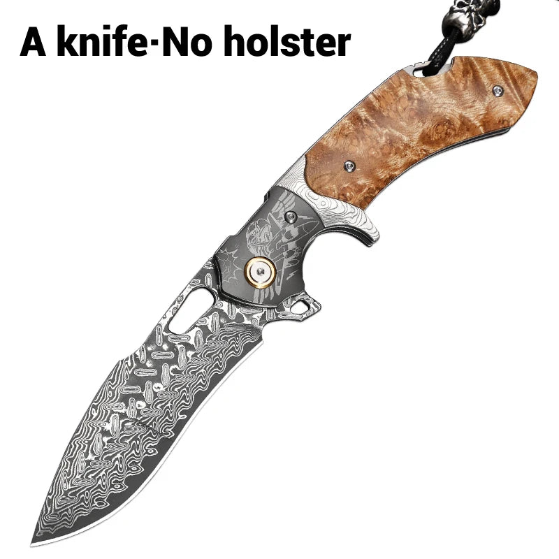 Handmade Damascus Steel Folding Pocket Knife, Men's EDC Pocket Knife with Sheath, Camping Hunting Outdoor Survival Knife