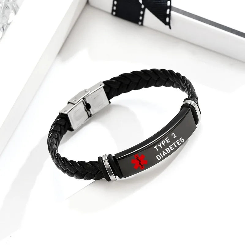 Medical Emergency Bracelet Warning Slogan Disease Care Special Stainless Steel Leather Strap Flexible and Non Destructive