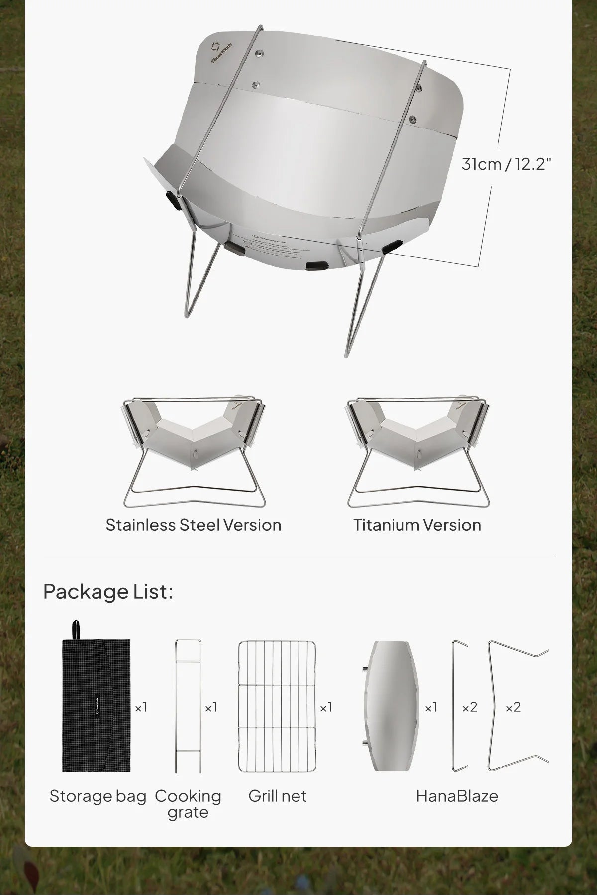 ThousWinds Hanablaze Ultralight Outdoor Foldable Stove Camping Quick-install Wood Stove Fire Pit for Trekking Heating Cooking