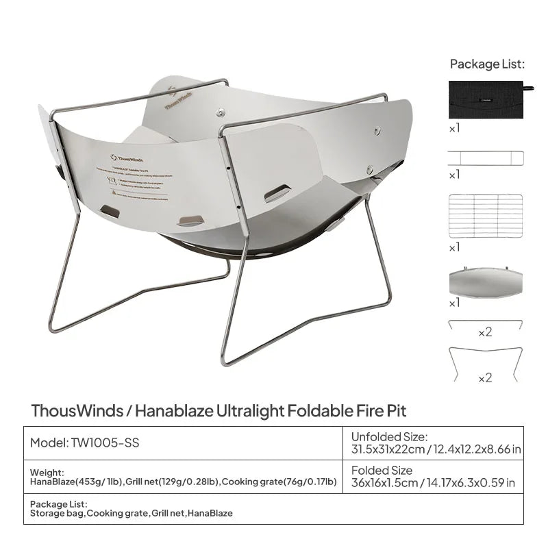 ThousWinds Hanablaze Ultralight Outdoor Foldable Stove Camping Quick-install Wood Stove Fire Pit for Trekking Heating Cooking