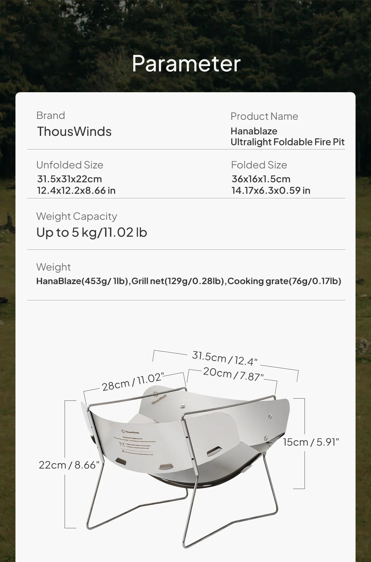 ThousWinds Hanablaze Ultralight Outdoor Foldable Stove Camping Quick-install Wood Stove Fire Pit for Trekking Heating Cooking