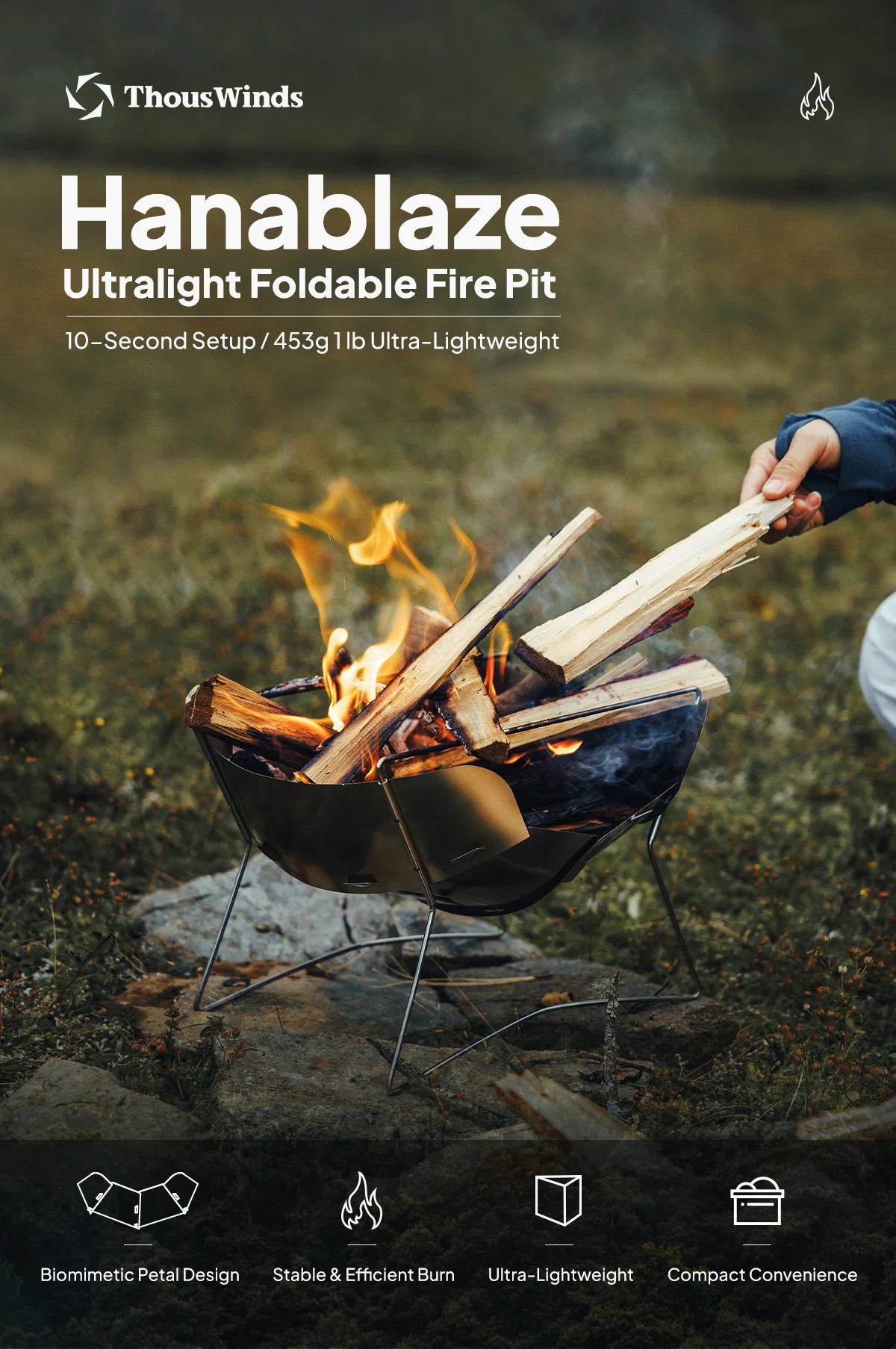 ThousWinds Hanablaze Ultralight Outdoor Foldable Stove Camping Quick-install Wood Stove Fire Pit for Trekking Heating Cooking