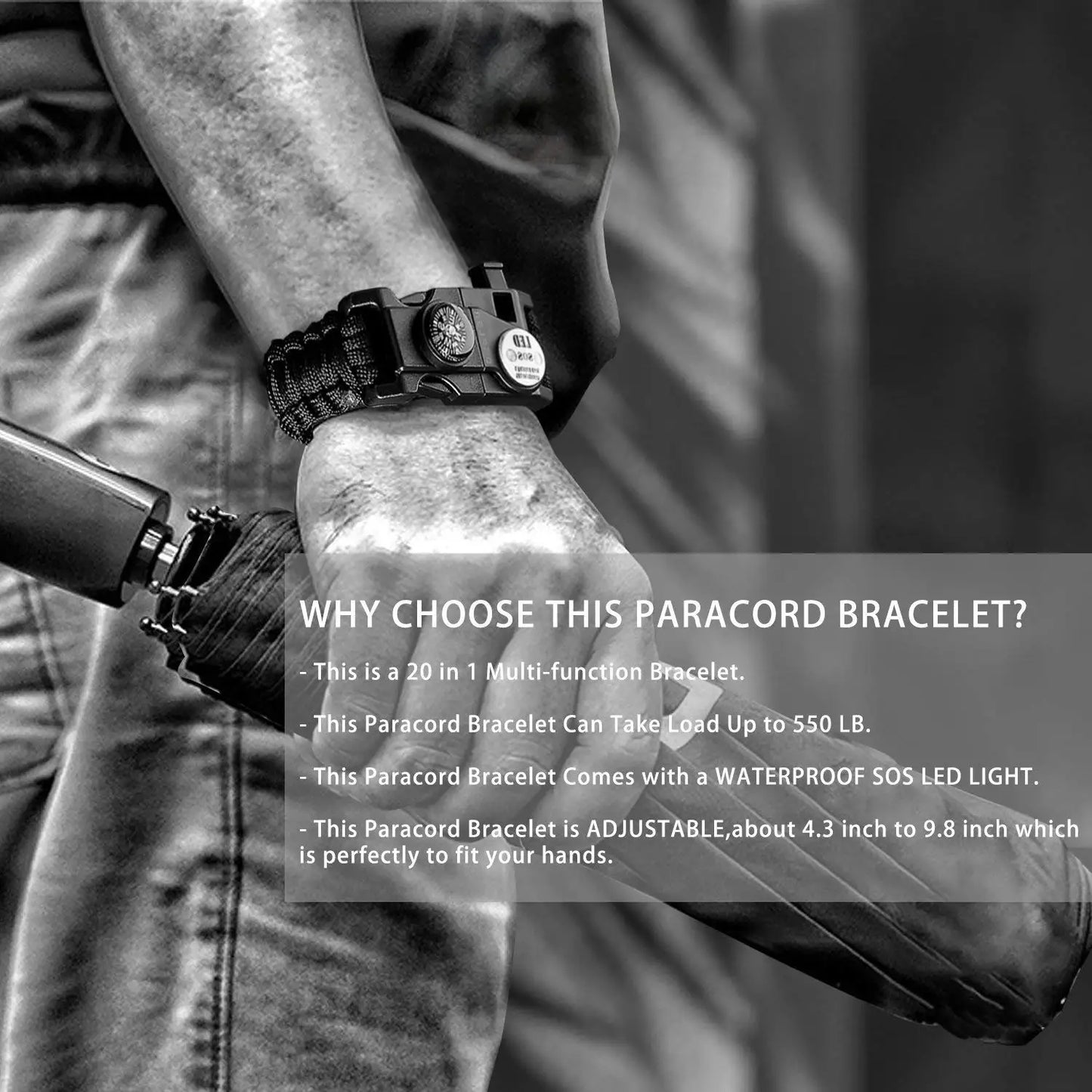 21 in 1 Adjustable Paracord Survival Bracelet, Tactical Emergency Gear Kit Includes SOS Flashlight Compass Thermometer Whistle