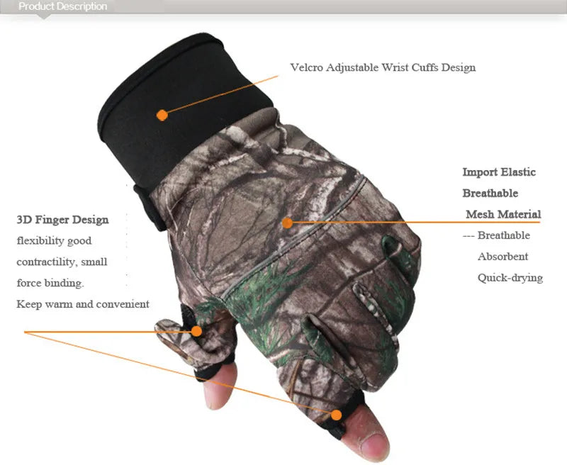 Autumn Winter Tree Bionic Camouflage Hunting Fishing Gloves Two Fingers Off Anti-Slip Riding Gloves Unisex Camo Full Mitten