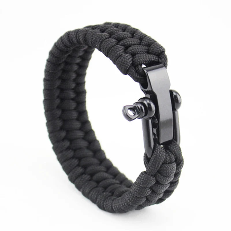 Outdoor Camping Paracord Survival Braided Rope Bracelet Men Black Stainless Steel Adjustable Clasp Pulsera Hombre