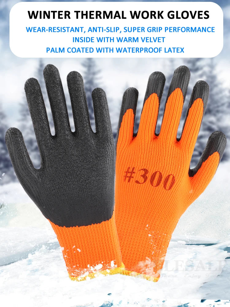1Pair Winter Waterproof Work Safety Thermal Gloves Anti-Slip Grip Rubber Garden Gloves For Worker Builder Hands Protection