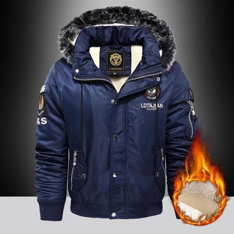 Winter Men's Black Padded Jacket Removable Hood Durable Windproof Fabric Embroidery Decorative Side Pockets Sleeve Zipper