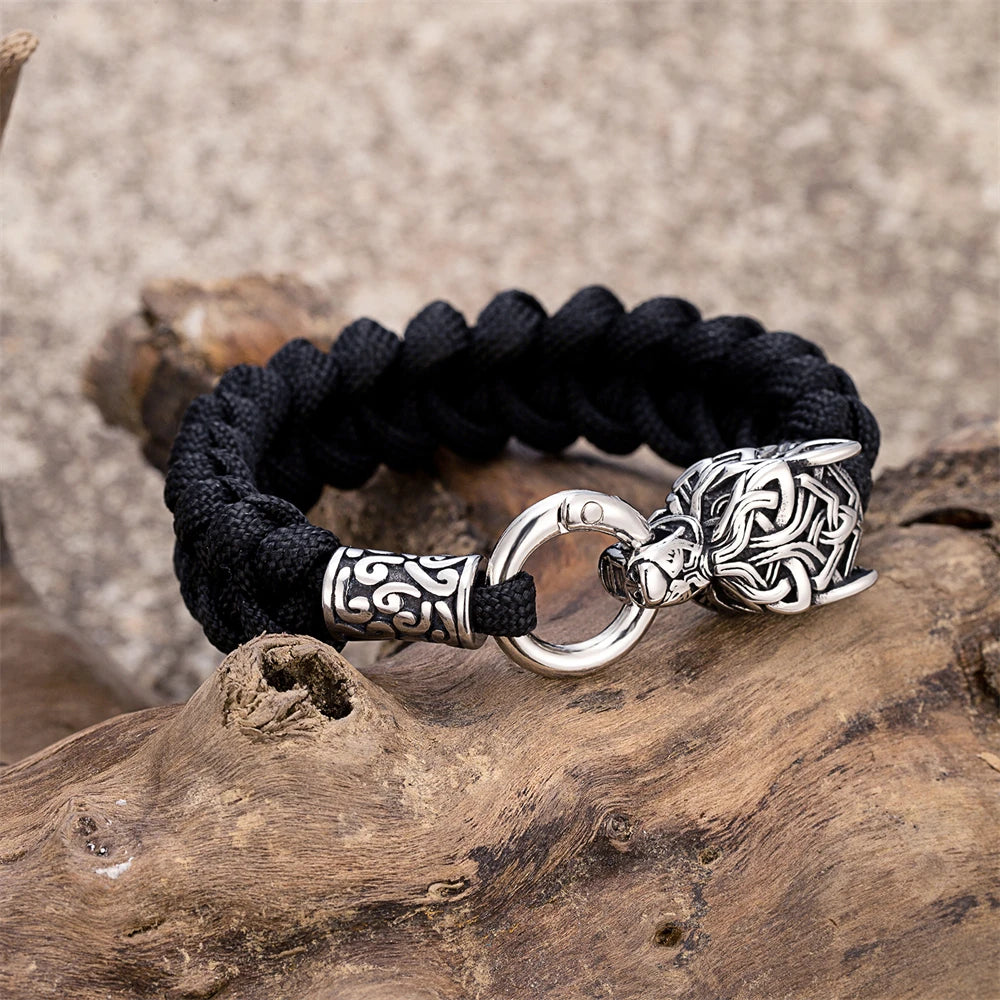Punk Viking Wolf Head Metal Bangle Stainless Steel Norse Celtic Wolf Braided Paracord Rope Survival Bracelet Men Outdoor Jewelry