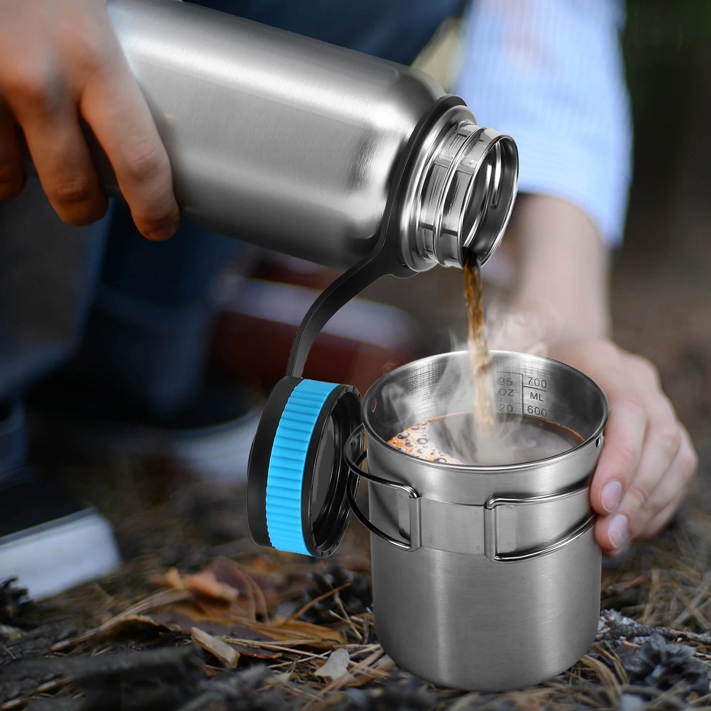 1000ml Stainless Steel Vacuum Insulated Water Bottle with 700ml Water Cup Hanging Pot for Survival Camping Hiking Backpacking