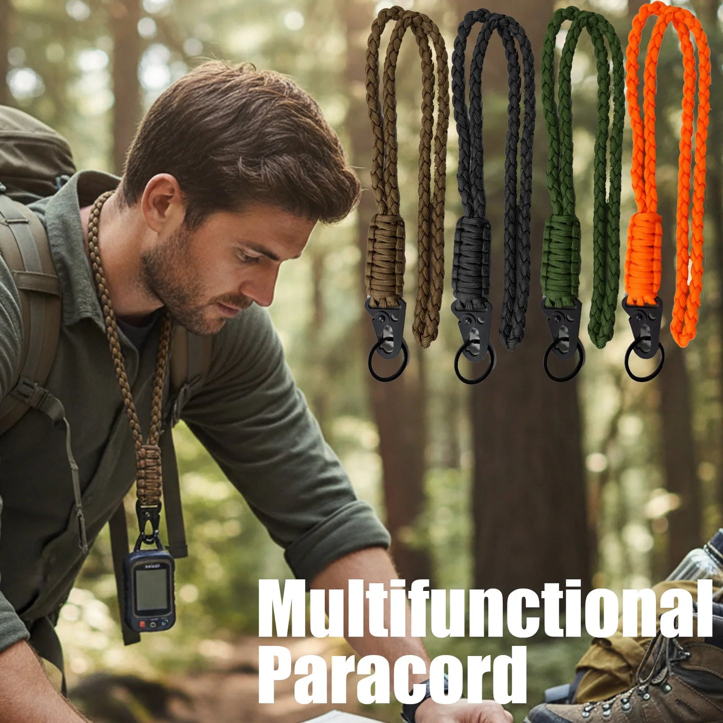 Outdoor Necklace Lanyard with Metal Clip Keychain Multifunctional Heavy Duty Braided Umbrella Rope Neck Lanyard Keychain