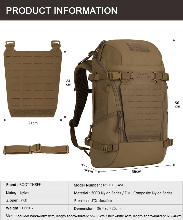 45L 500D/DML Nylon Waterproof MOLLE Tactical Backpack Outdoor Fishing Camping Hiking Bag Multi Layer Detachable DIY Backpack