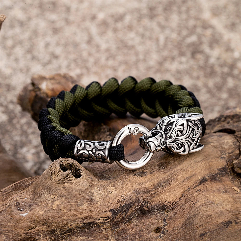 Punk Viking Wolf Head Metal Bangle Stainless Steel Norse Celtic Wolf Braided Paracord Rope Survival Bracelet Men Outdoor Jewelry