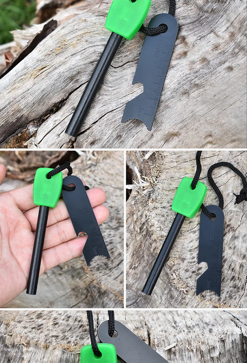 Outdoor Survival Flint Fire Starter with Wood Handle, Multi-Tool Magnesium Rod - Luminous Waterproof Camping Fire Stick