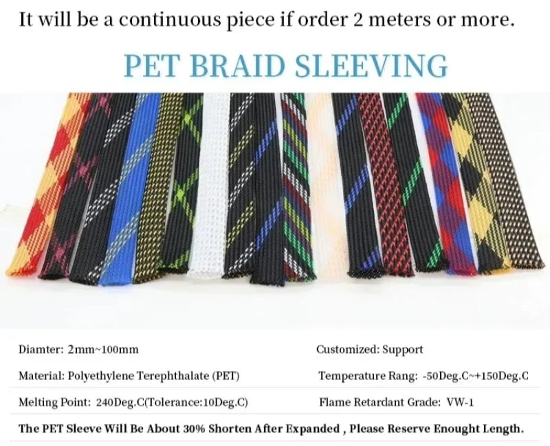 1~50M PET Braided Cable Sleeving Dia 2/4/6/8/10/12/14/16/20mm Expandable High Density Insulated Line Protection Wire Wrap Sheath