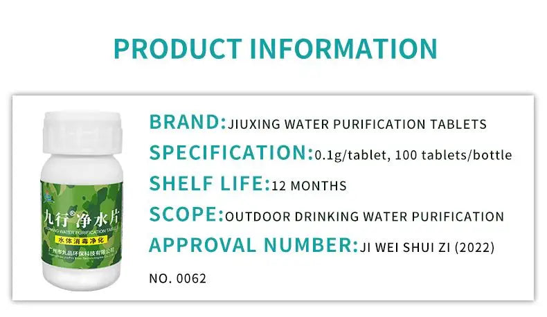 2 Bottles of Outdoor Water Purification Tablets, 100 Tablets Per Bottle, for Cleaning and Purifying Dirty Water From Sewage